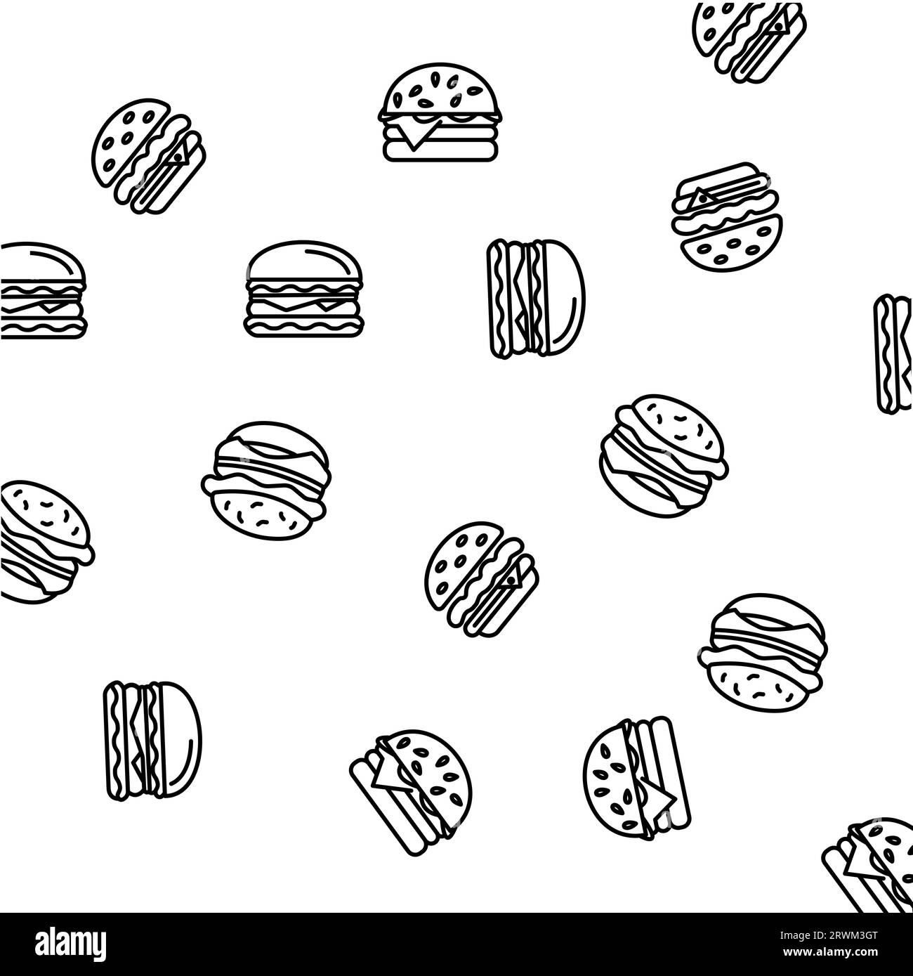Burger Icon Seamless Pattern, Fast Food Burger, Food Icon Vector Art Illustration Stock Vector