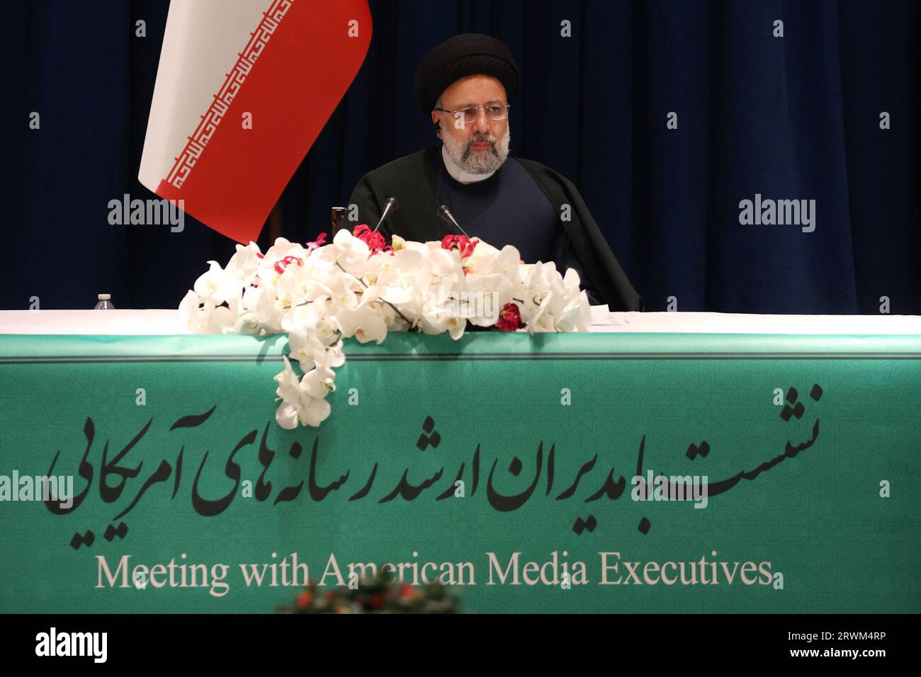 New York, USA. 18th Sep, 2023. Iranian President EBRAHIM RAISI meets with a group of American media executives and editors. In this meeting, the senior managers of NBC, Wall Street Journal, Washington Post, Newsweek, Politico, Reuters, and NBC asked questions about the exchange of prisoners, the new approach of the Iranian government in the development of the neighborhood policy, the JCPOA negotiations and the lifting of sanctions, the normalization of the relations of some Arab countries with the Zionist Regime, and the claim that Iran sold weapons to Russia in the Ukraine war, Stock Photo