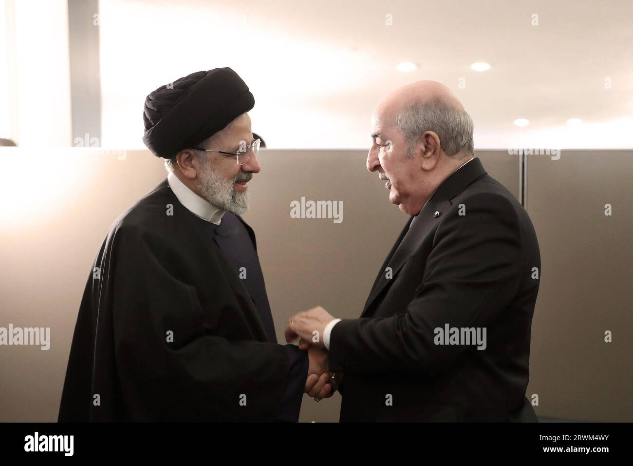 New York, USA. 18th Sep, 2023. Iranian President EBRAHIM RAISI (L) meets with Algerian President ABDELMADJID TEBBOUNE (Credit Image: © Iranian Presidency via ZUMA Press Wire) EDITORIAL USAGE ONLY! Not for Commercial USAGE! Stock Photo