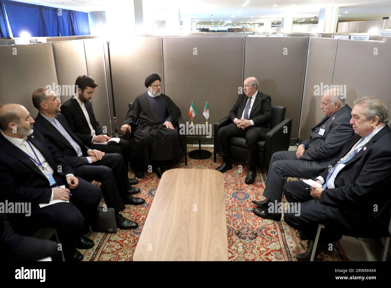New York, USA. 18th Sep, 2023. Iranian President EBRAHIM RAISI (C-L) meets with Algerian President ABDELMADJID TEBBOUNE (Credit Image: © Iranian Presidency via ZUMA Press Wire) EDITORIAL USAGE ONLY! Not for Commercial USAGE! Stock Photo