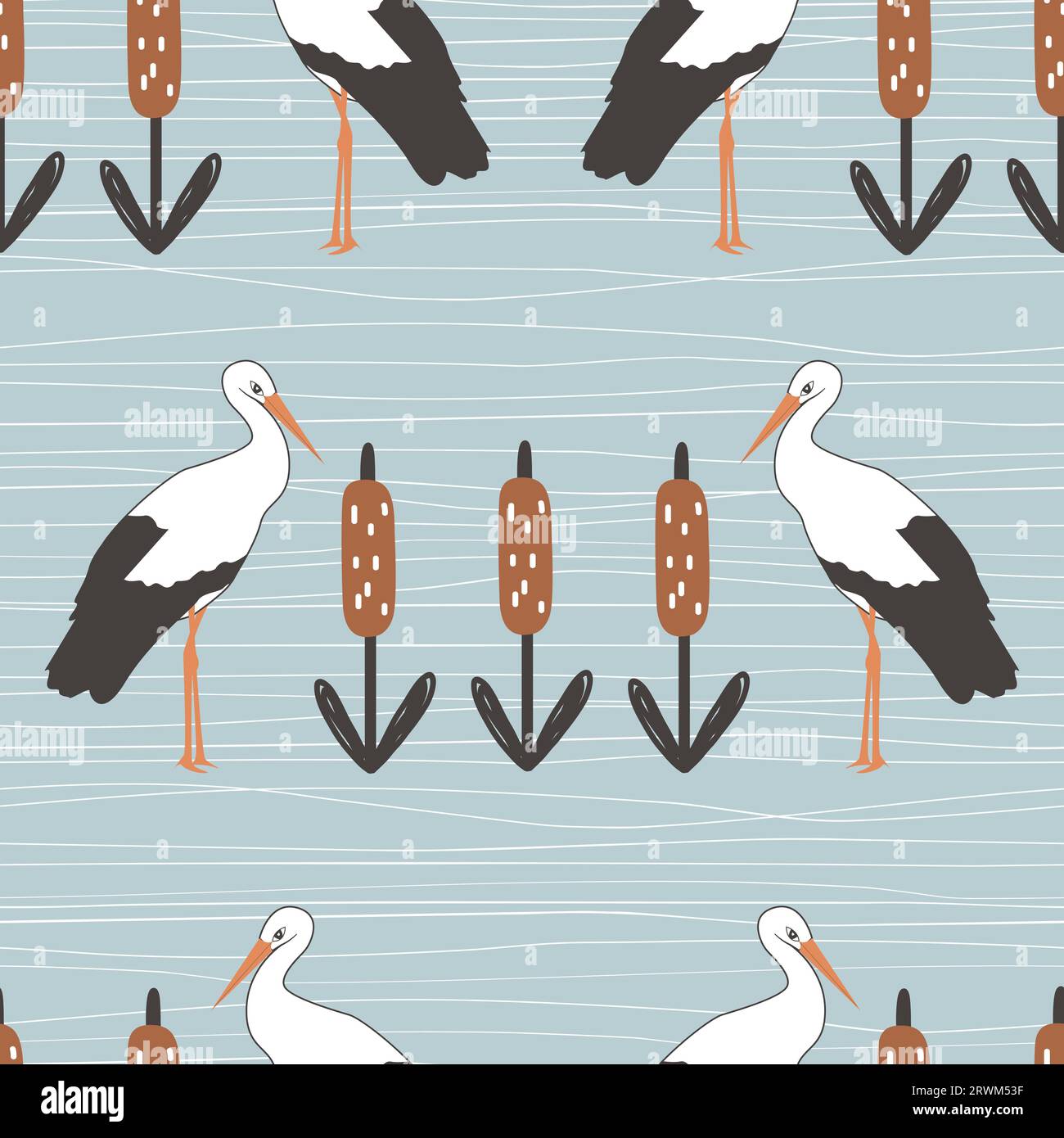 Storks and reeds seamless vector pattern. Stylized folk background Stock Vector
