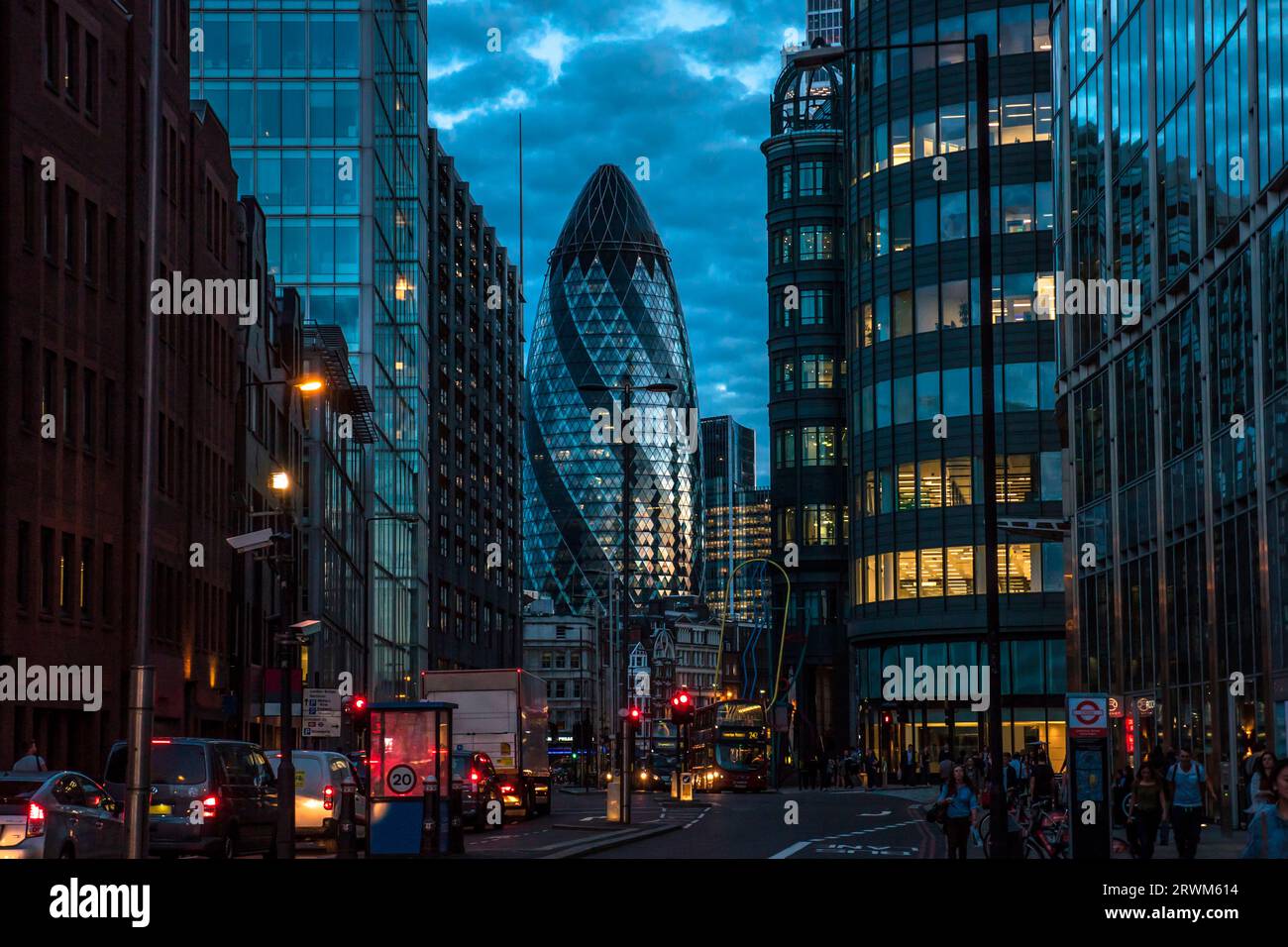 City of London and the Gherkin at dusk Stock Photo