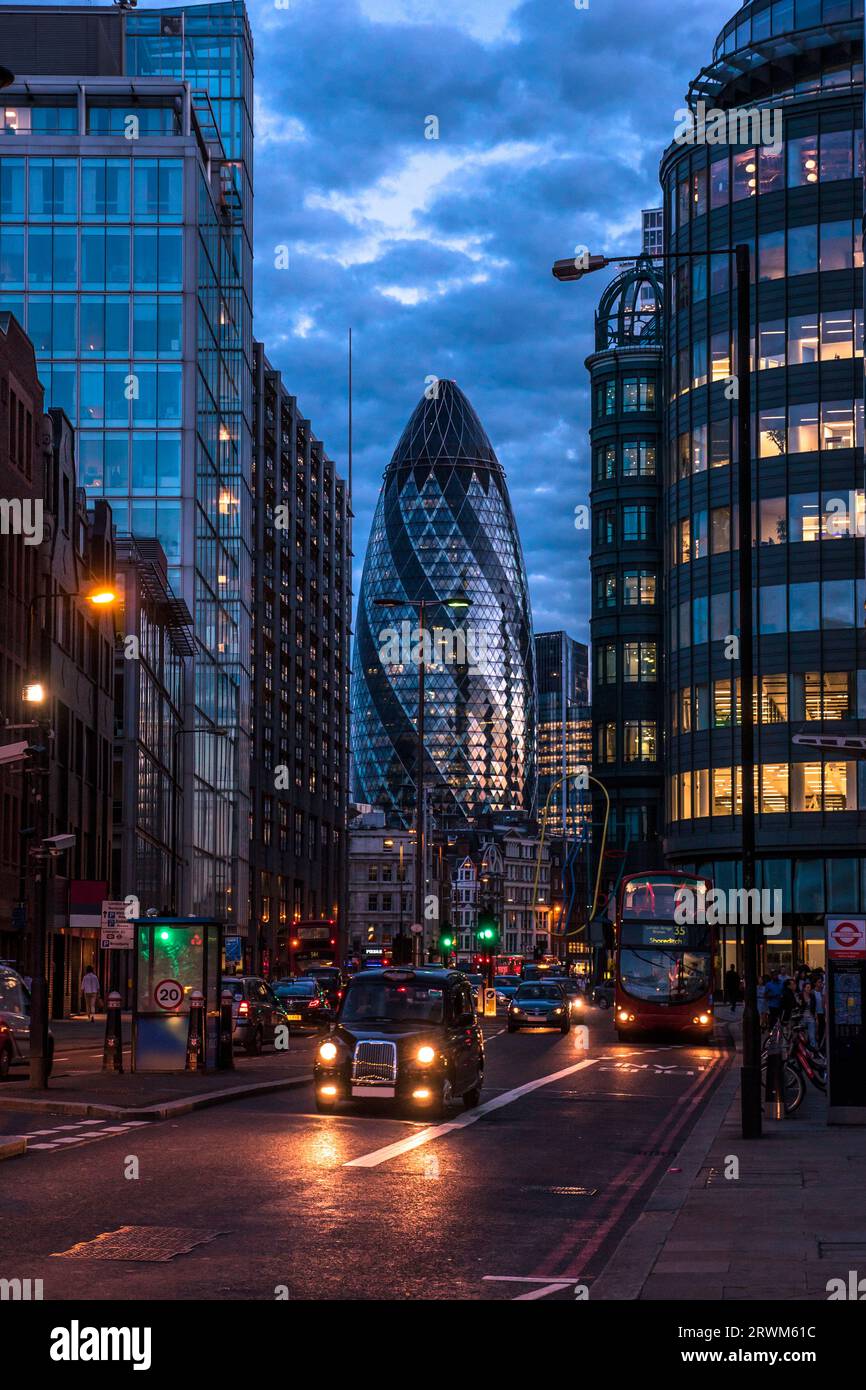 City of London and the Gherkin at dusk Stock Photo