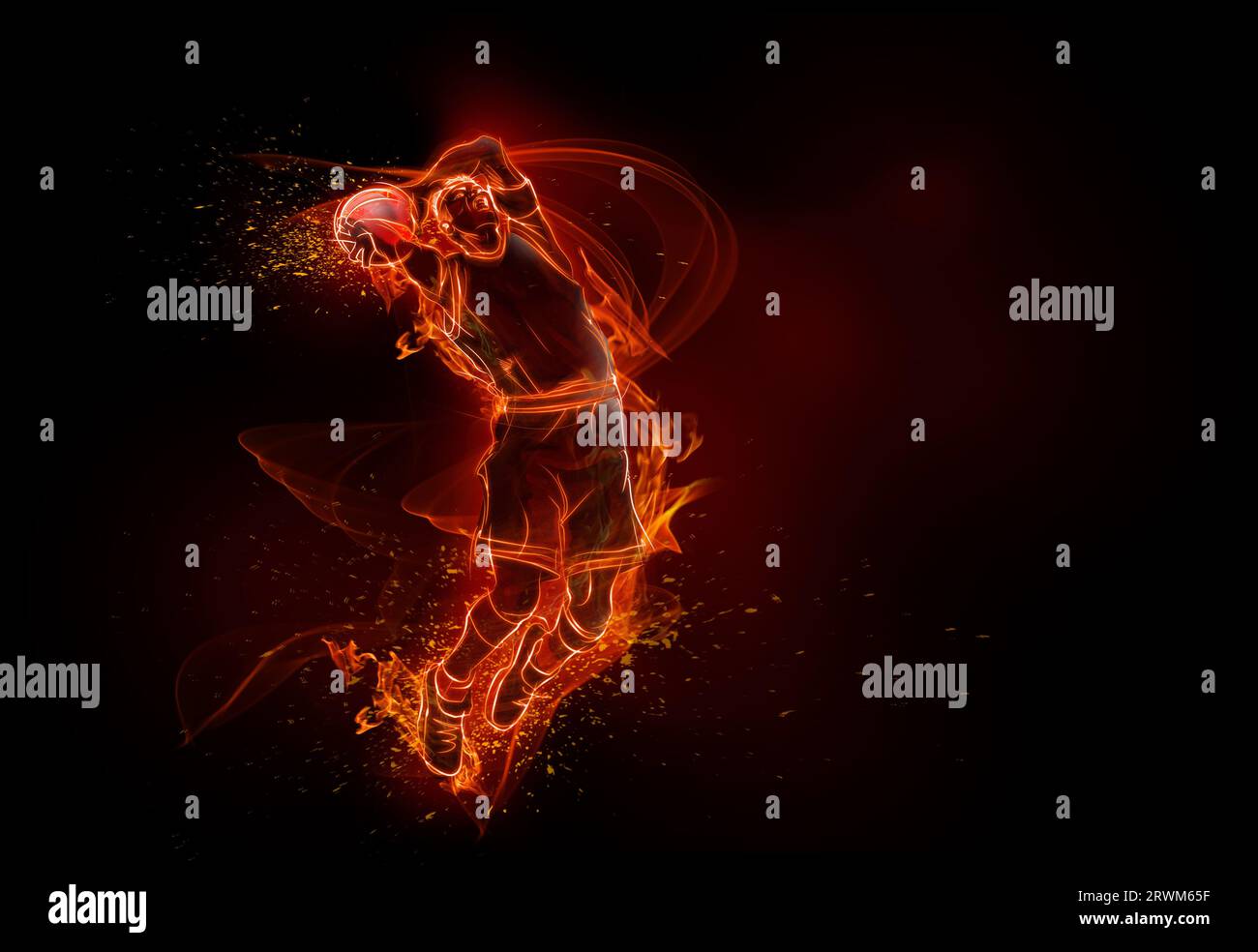 CGI Flame outline of basketball player jumping in the air to throw a ball Stock Photo