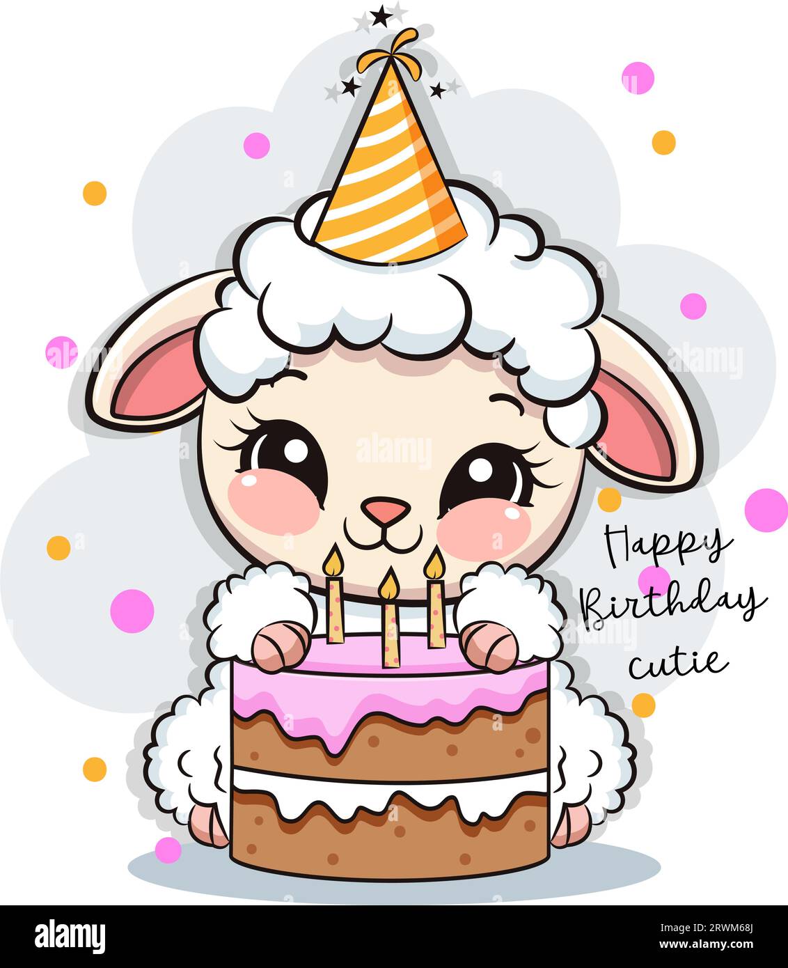 Happy birthday cute sheep with cake. Greeting card with little lamb in