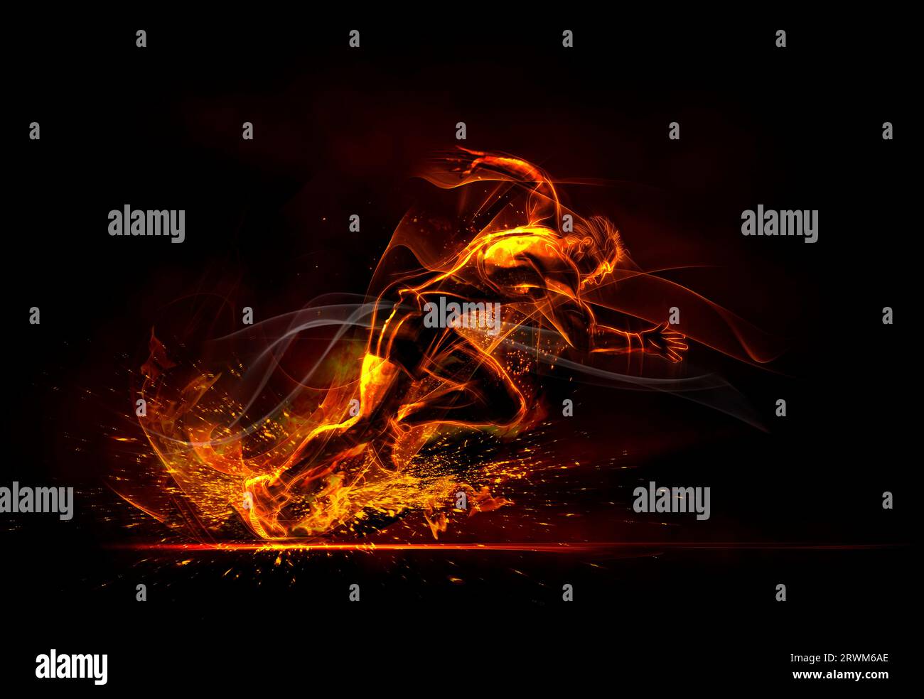 CGI flame outline of sprinter starting a race Stock Photo
