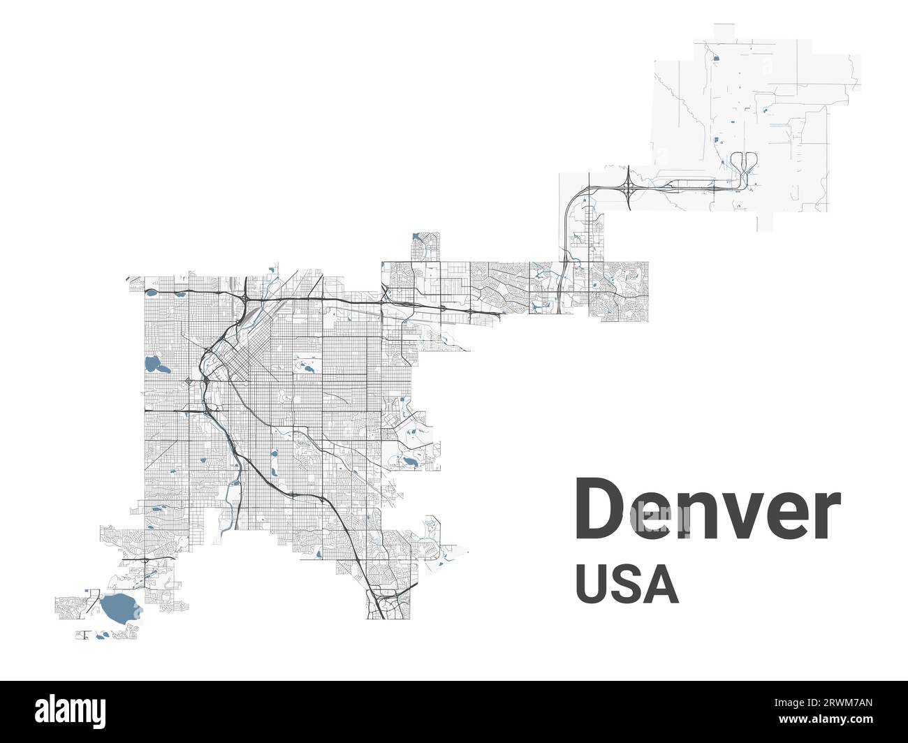 Denver map, American city. Municipal administrative area map with rivers and roads, parks and