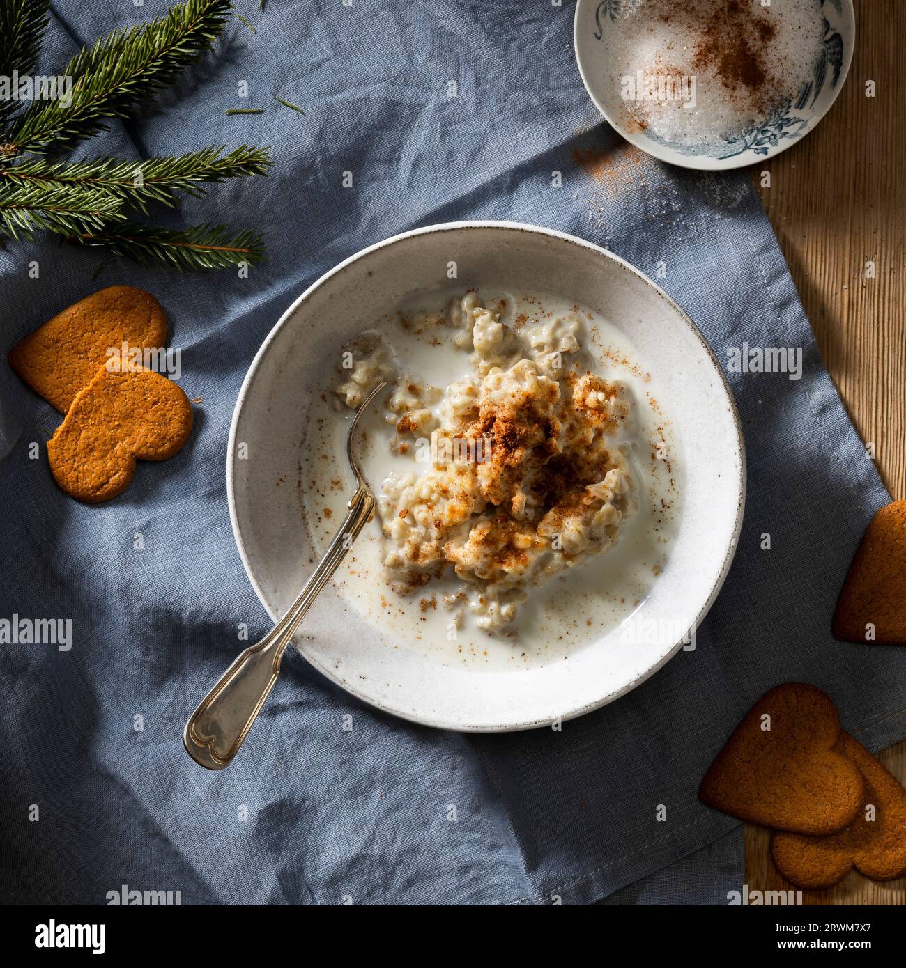 Top view of a bowl with rice porridge. Stock Photo