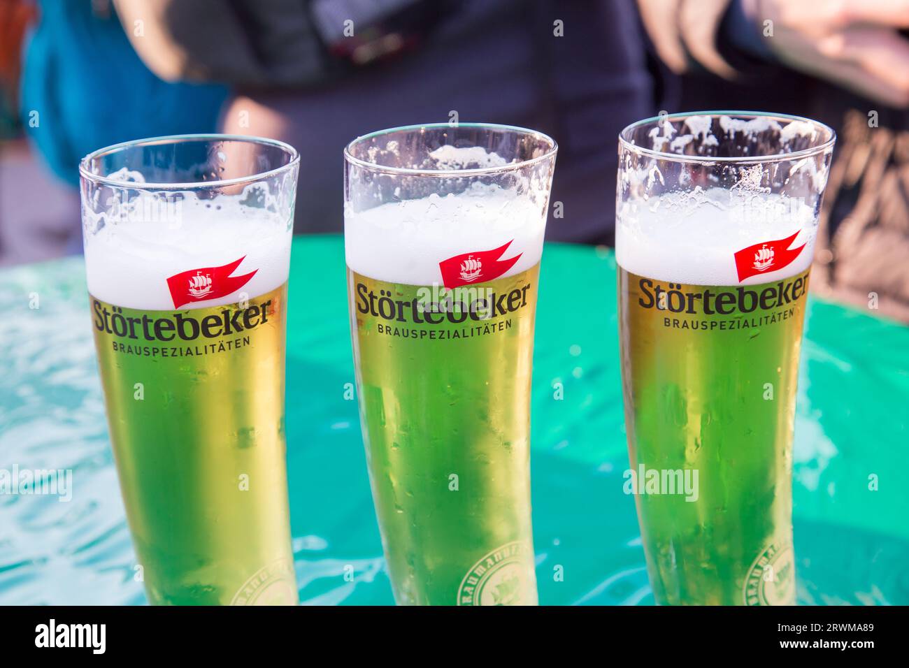 Ahlbeck, Germany - April 19, 2014: three glasses of Störtebeker beer fresh on draft at the island of Usedom. Stock Photo