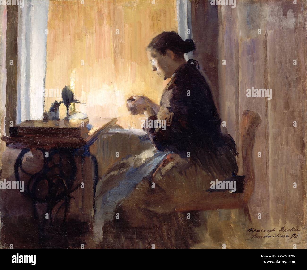 Harriet Backer - Woman Sewing by Lamplight - 1890 Stock Photo