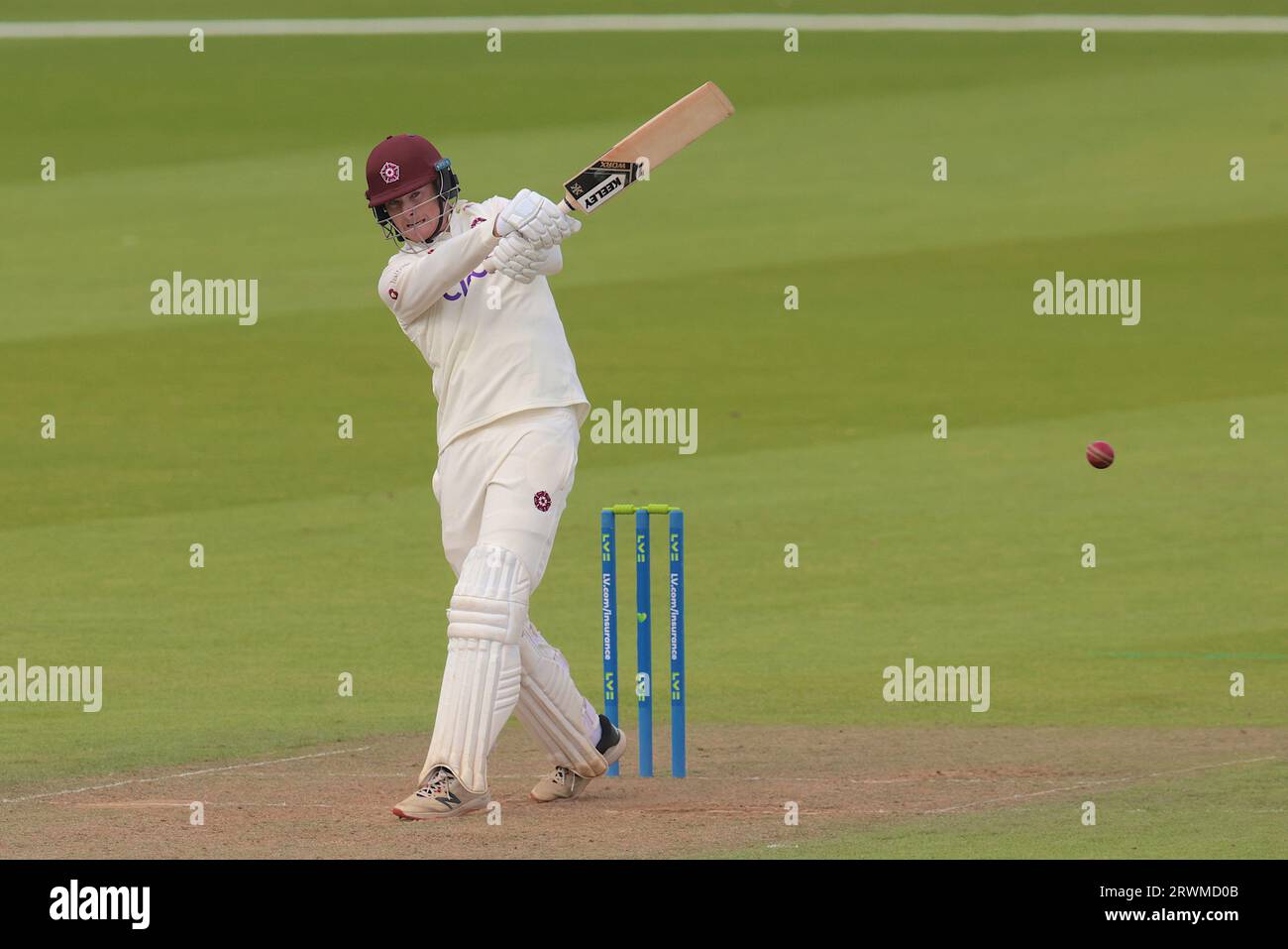 London, UK. 20th Sep, 2023. Northamptonshire's Tom Taylor smashes Jamie Overton for four as Surrey take on Northamptonshire in the County Championship at the Kia Oval, day two. Credit: David Rowe/Alamy Live News Stock Photo