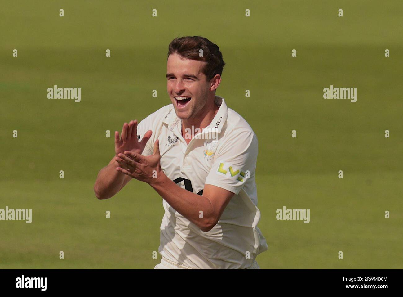 London, UK. 20th Sep, 2023. Surrey's Tom Lawes celebrates after getting the wicket of Justin Broad as Surrey take on Northamptonshire in the County Championship at the Kia Oval, day two. Credit: David Rowe/Alamy Live News Stock Photo