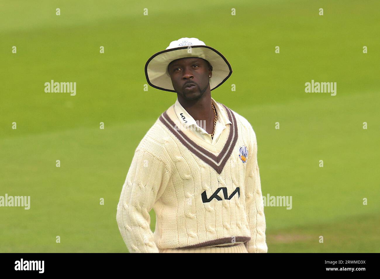 London, UK. 20th Sep, 2023. Surrey's Kemar Roach as Surrey take on Northamptonshire in the County Championship at the Kia Oval, day two. Credit: David Rowe/Alamy Live News Stock Photo