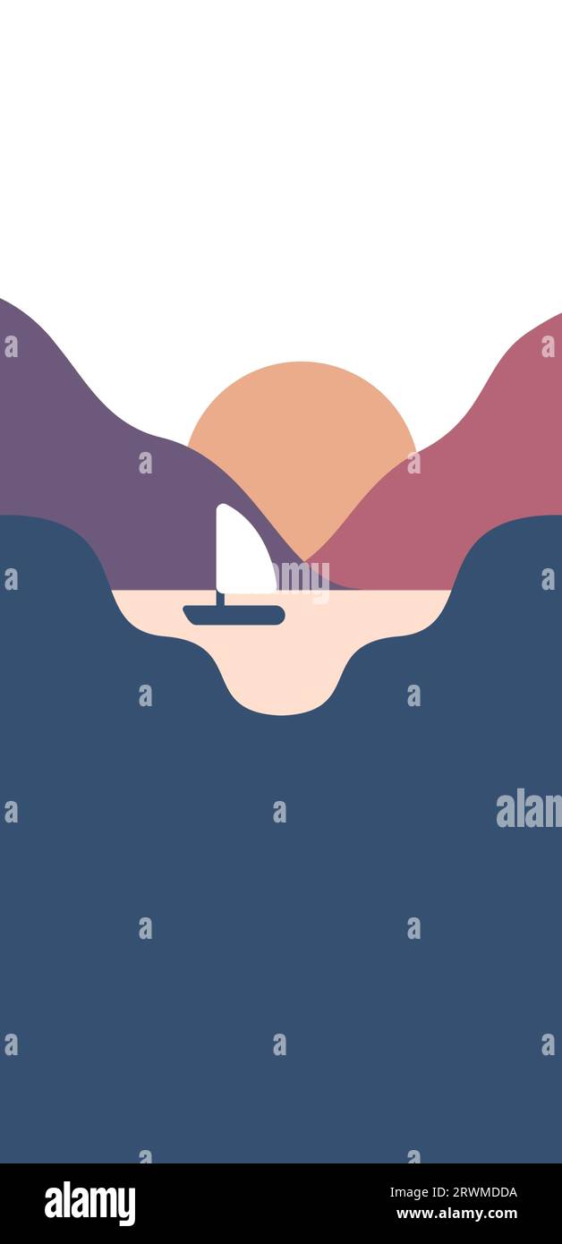 An illustration of a sailboat gliding across the sea against mountains ...