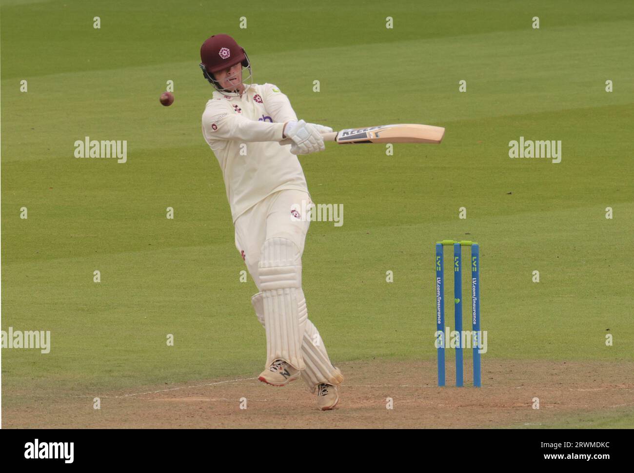 London, UK. 20th Sep, 2023. Northamptonshire's Tom Taylor takes a blow to the face guard off the bowling of Kemar Roach as Surrey take on Northamptonshire in the County Championship at the Kia Oval, day two. Credit: David Rowe/Alamy Live News Stock Photo