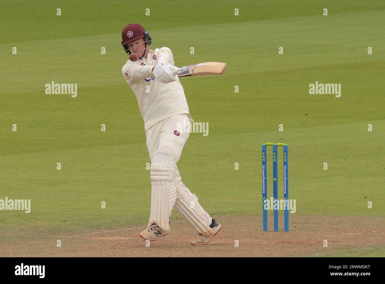 London, UK. 20th Sep, 2023. Northamptonshire's Tom Taylor takes a blow to the face guard off the bowling of Kemar Roach as Surrey take on Northamptonshire in the County Championship at the Kia Oval, day two. Credit: David Rowe/Alamy Live News Stock Photo