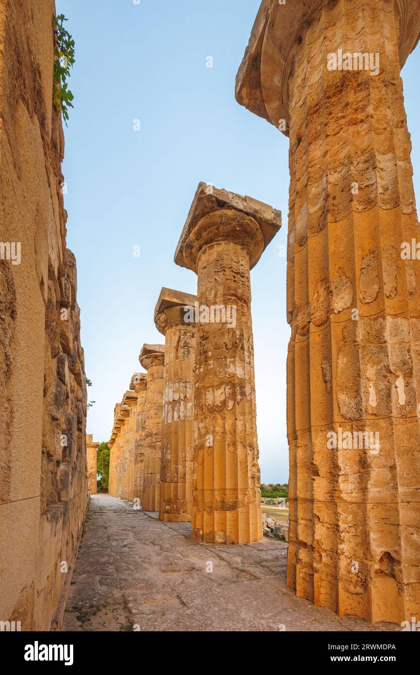 Column order of Temple of Hera in Selinunte at sunset. The archaeological site at Sicily, Italy, Europe. Stock Photo