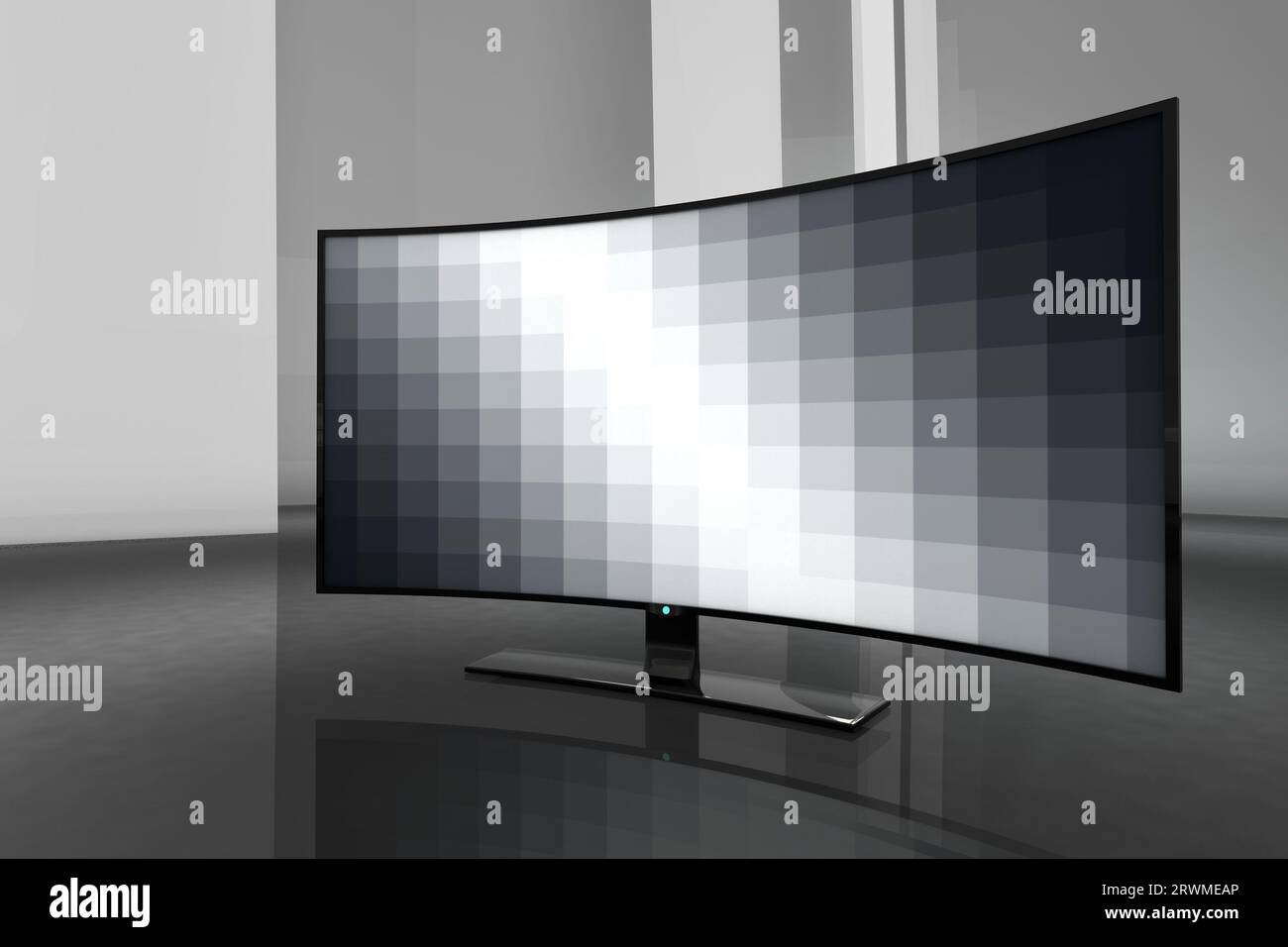 A curved TV stands on the floor in the interior black and white 3D