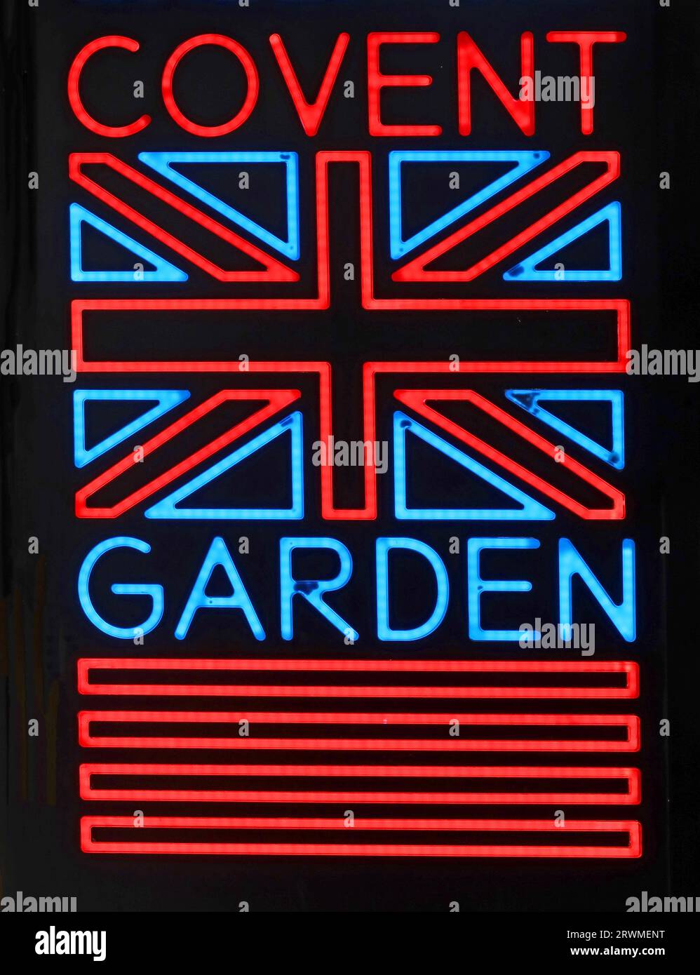 Neon British union jack flag lit up in Covent Garden, 25-26 James St, London, England, UK,  WC2E 8PA Stock Photo