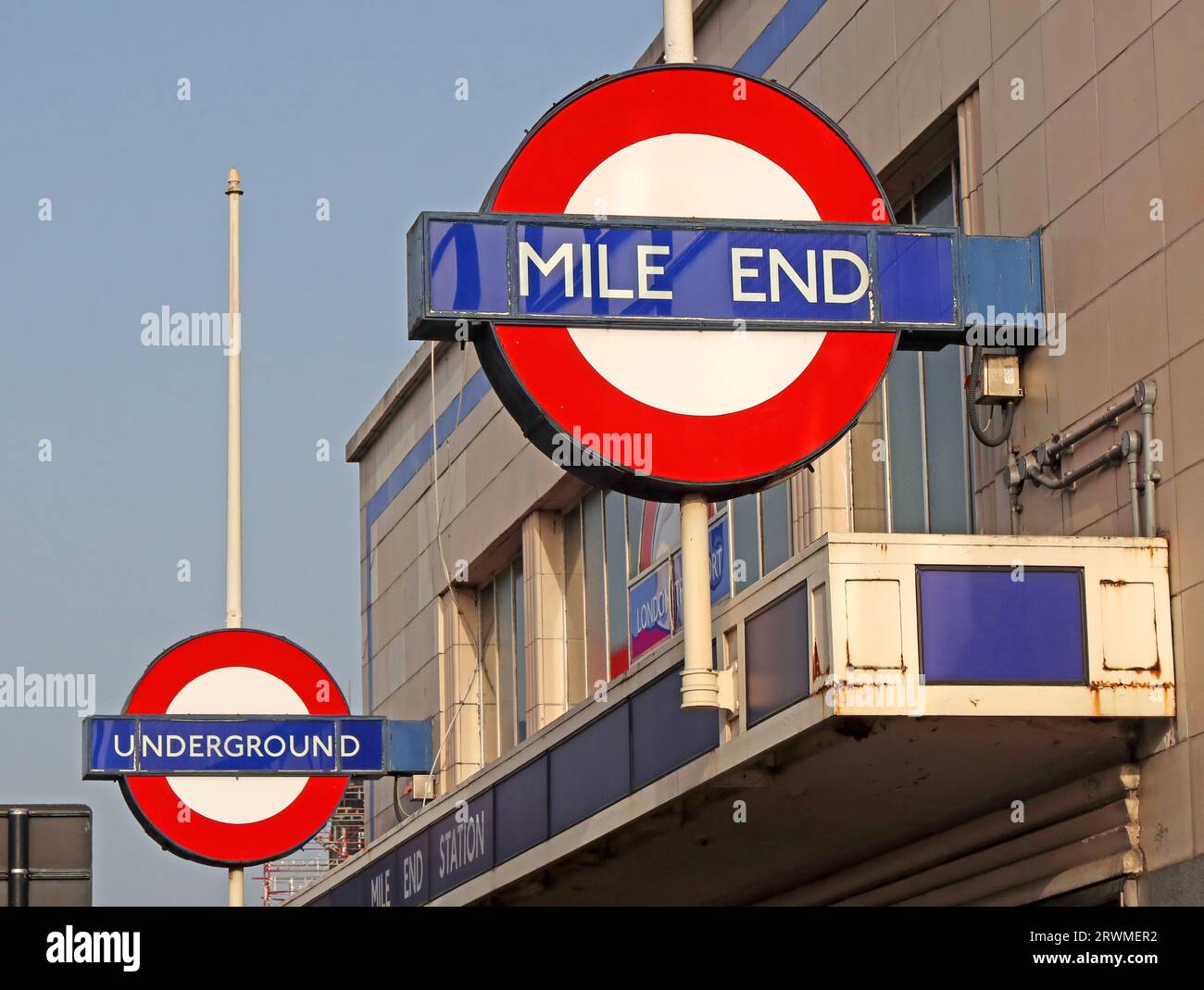Mile End tube, London Underground station entrance, Hammersmith & City, District and Central lines, Mile End Rd, Bow, London, England, UK, E3 4DH Stock Photo