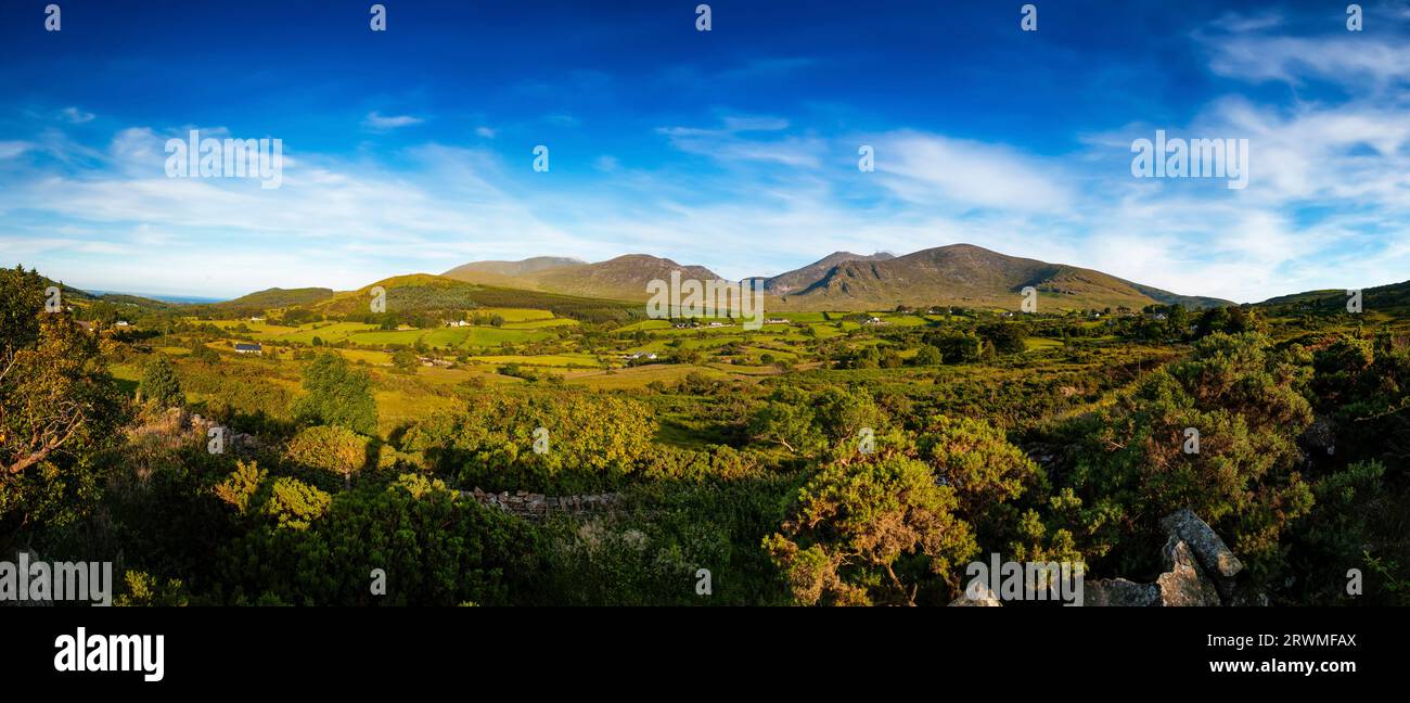 View of the Mourne Mountains over the Trassey Road, County Down Northern Ireland Stock Photo