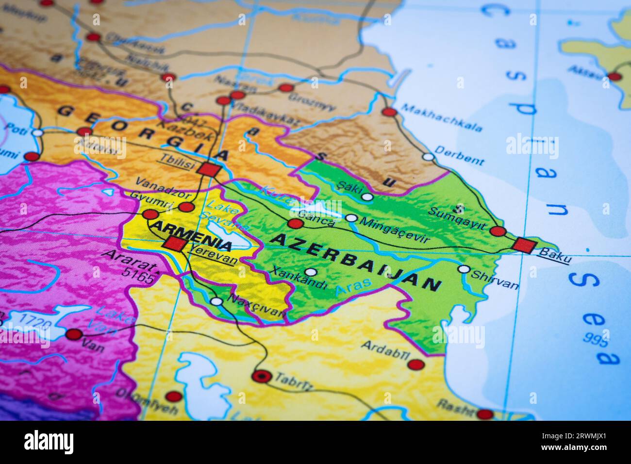 Map or cartography of Armenia and Azerbaijan with capitals Baku and Yerevan, Republic of Artsakh and Nagorno-Karabakh, Georgia and Caspian Sea Stock Photo
