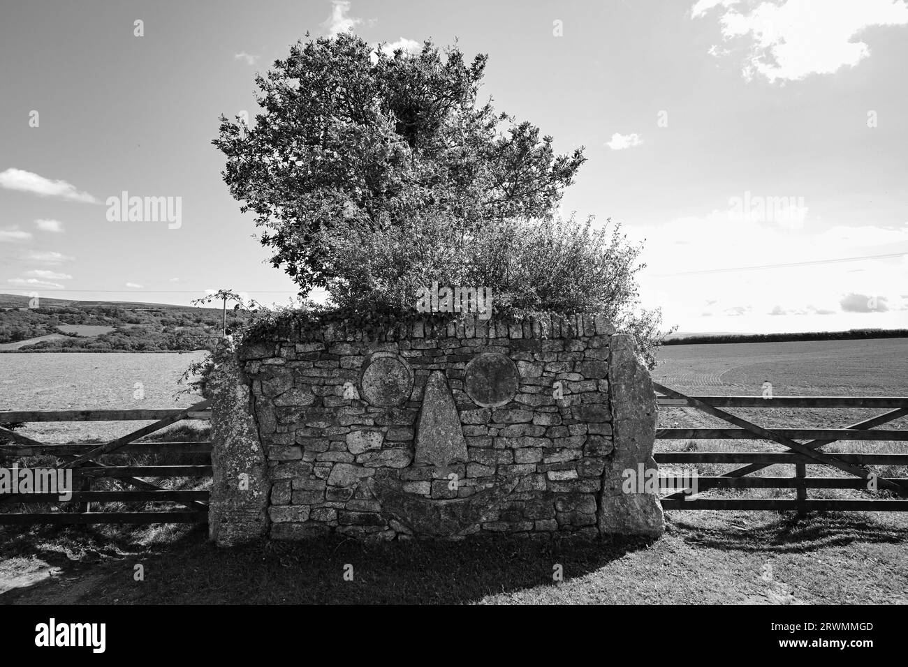 DARTMOOR STONE WALL SHAPED BY STONE SMILING FACE WALL Stock Photo