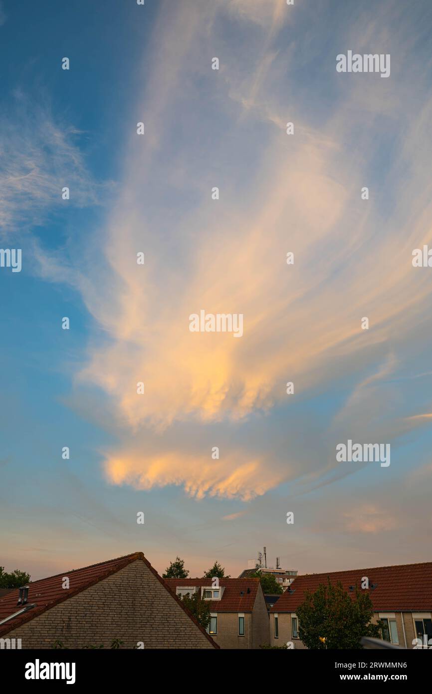 Special cloud in the upper atmosphere with precipitation streaks and mammatus at sunset. In meteorology, this cloud is known as cirrus spissatus mamma. Stock Photo