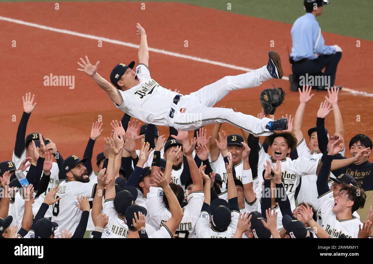 Satoshi Nakajima, manager of the Orix Buffaloes is lifted up after winning the Pacific League at Kyocera Dome Stadium in Osaka Prefecture on Sept