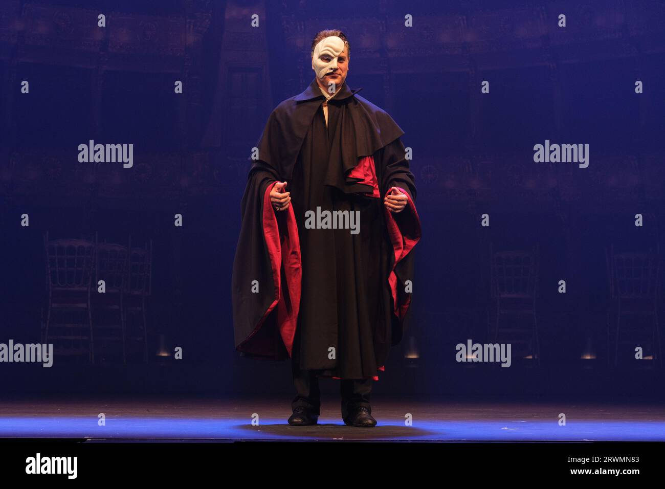 actors perform during the presentation of the musical 'THE PHANTOM OF THE OPERA' at the Albeniz theater in Madrid, September 20, 2023, Spain Stock Photo