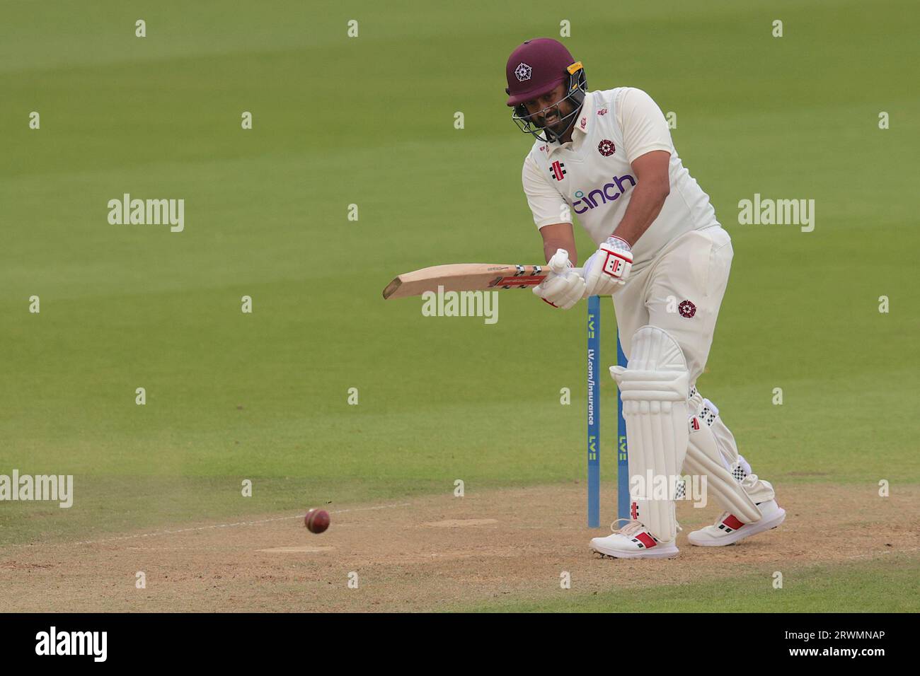 London, UK. 20th Sep, 2023. Northamptonshire's Karun Nair hits one for four as Surrey take on Northamptonshire in the County Championship at the Kia Oval, day two. Credit: David Rowe/Alamy Live News Stock Photo