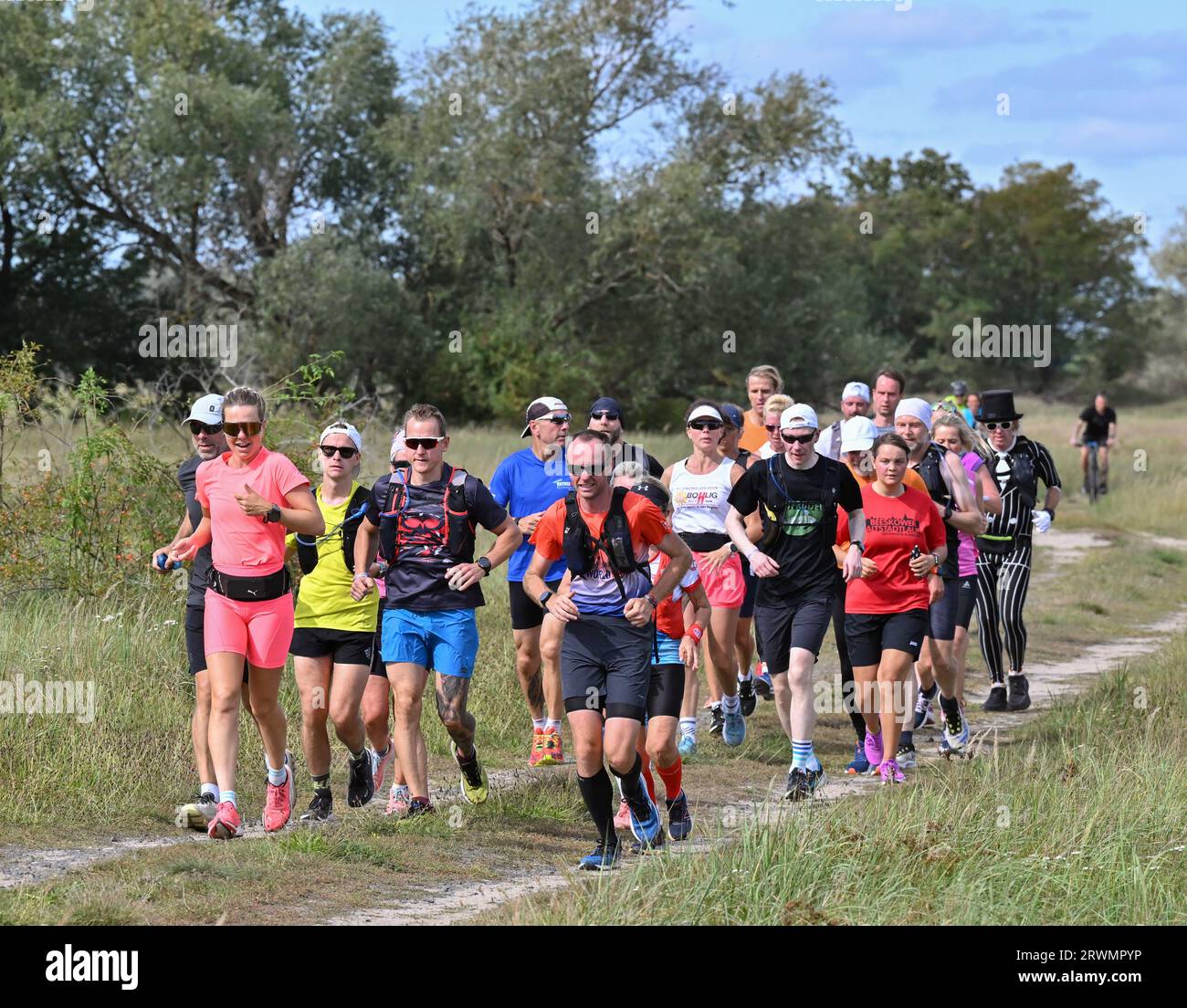 20 September 2023, Brandenburg, Reitwein: Joyce Hübner (2nd from left), athlete, is on her last leg of the Tour of Germany along the German-Polish border river Oder towards Frankfurt (Oder). Joyce Hübner is accompanied by other runners. The finish is planned for the afternoon at the city bridge in Frankfurt (Oder). Joyce Hübner has now run 120 marathons in a row, covering a distance of 5,200 kilometers along the German border. With this project, the extreme athlete wants to inspire other people to leave their comfort zone and show how testing your personal limits can have a lasting positive ef Stock Photo