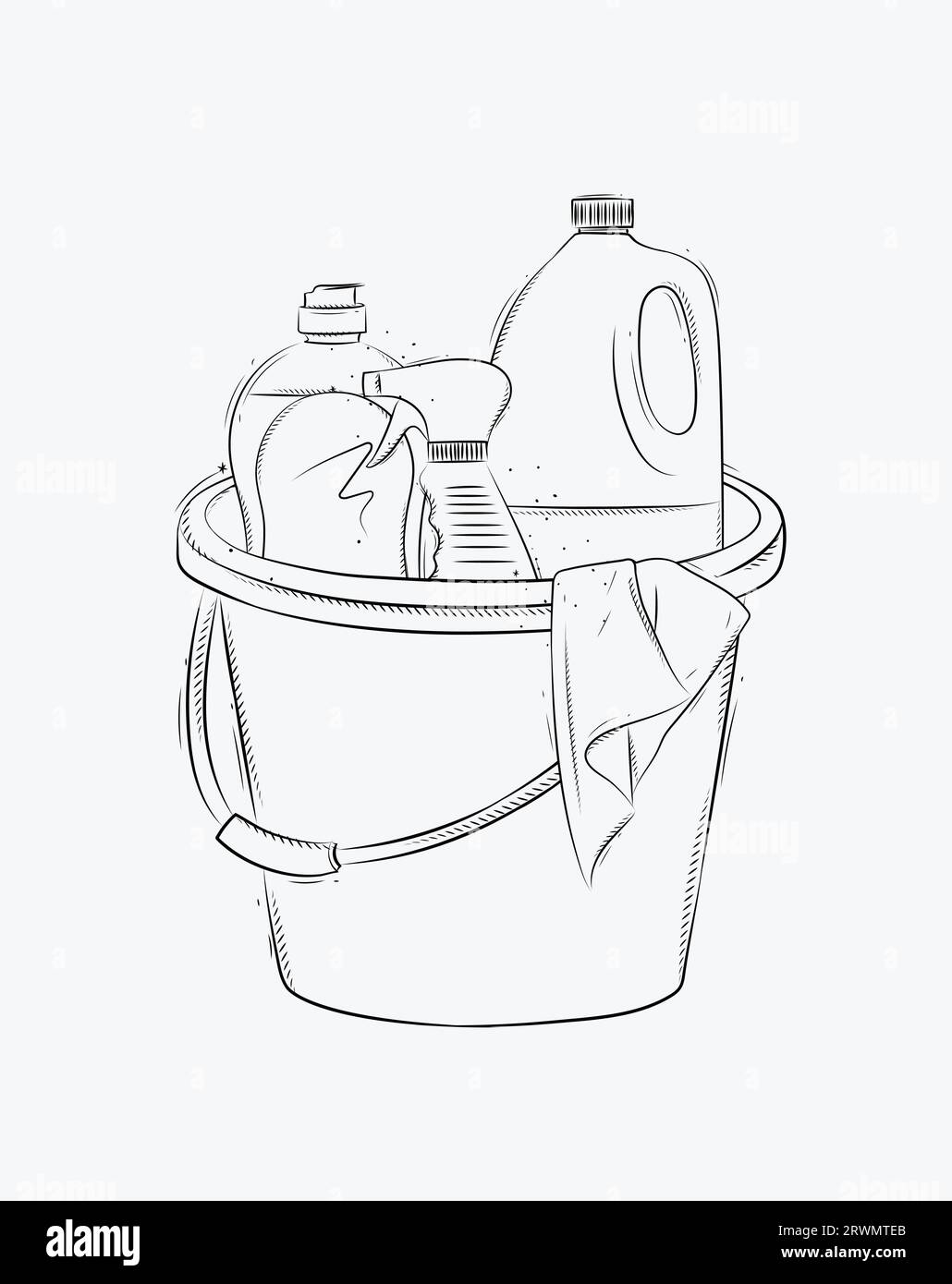 Cleaning supplies tools accessories bucket, rag, glass cleaner drawing in graphic style on white background Stock Vector