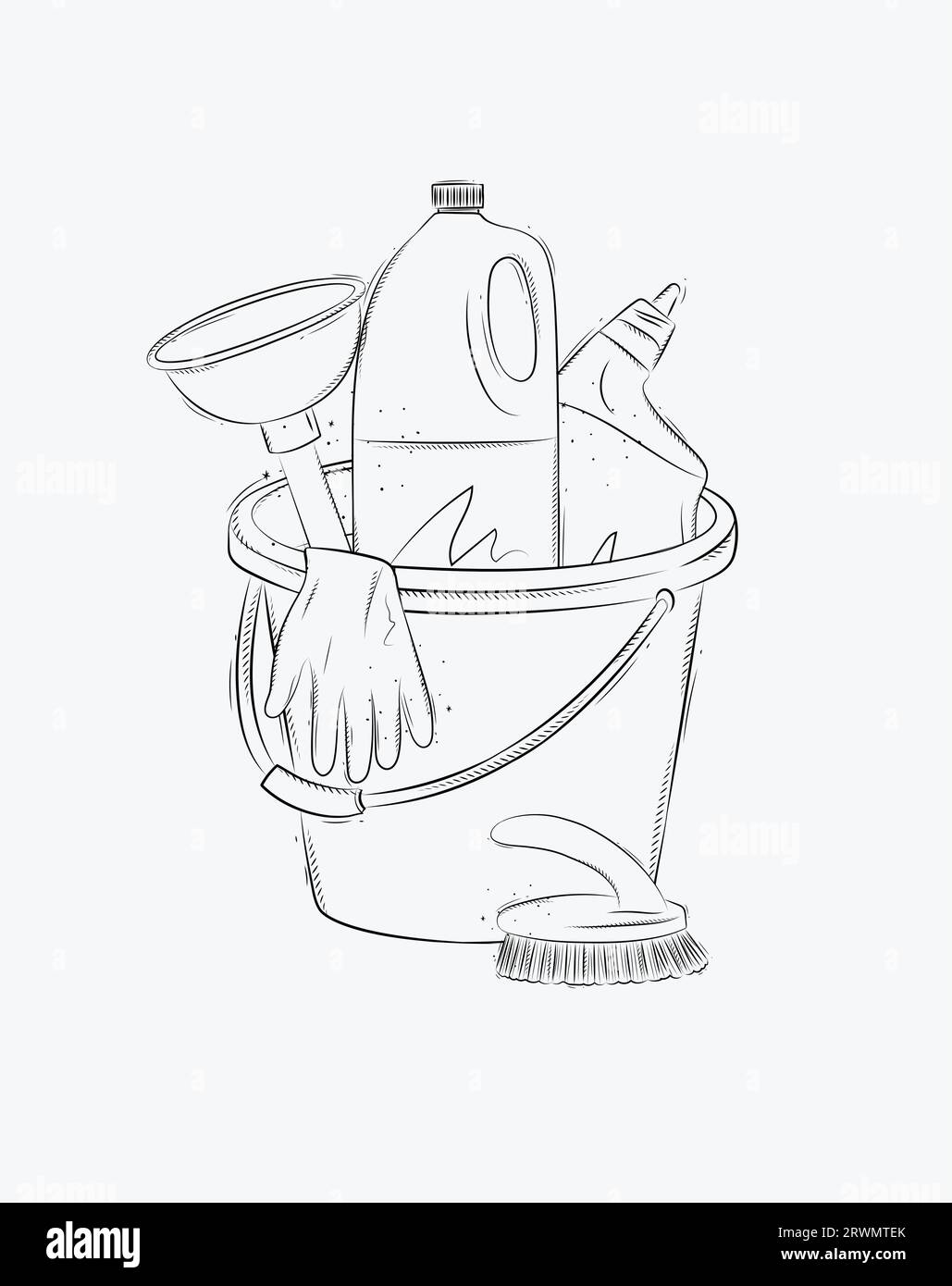 Cleaning bathroom supplies tools accessories cleaner, brush, bucket, plunger, gloves drawing in graphic style on white background Stock Vector