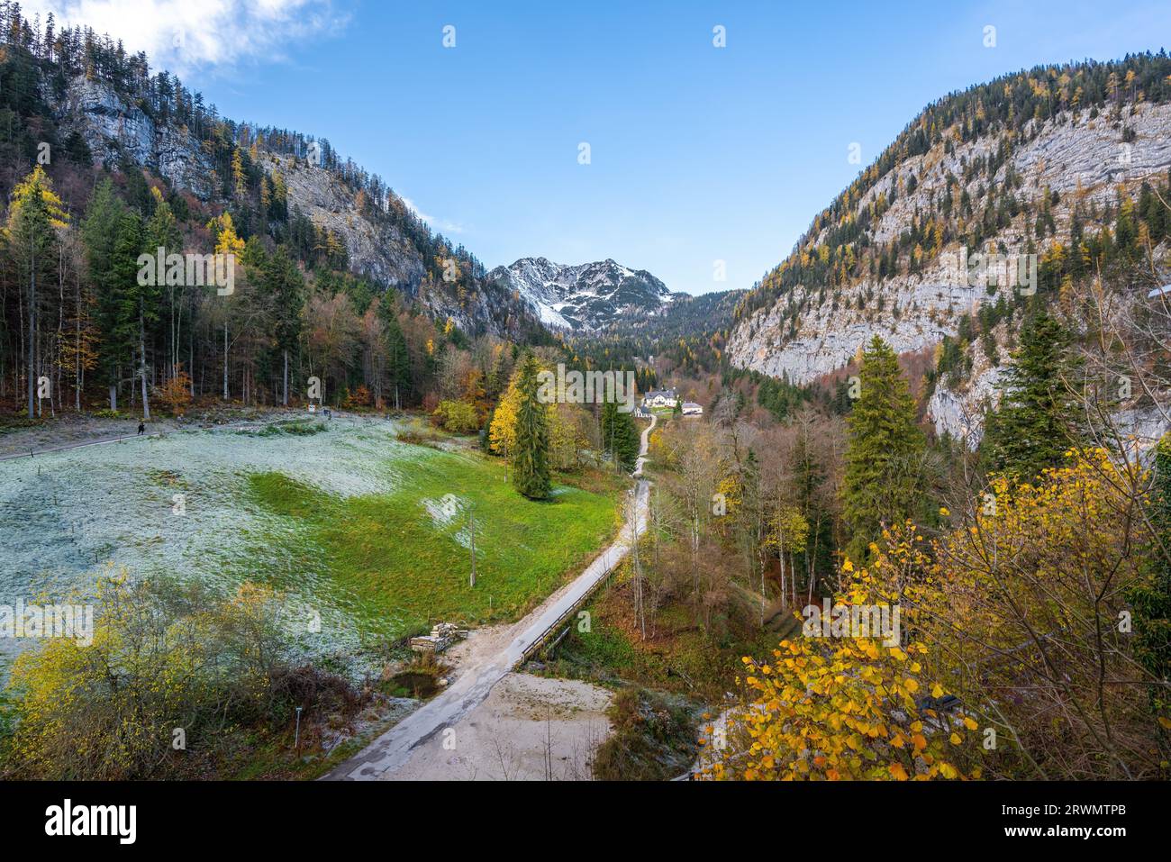High Valley with Hallstatt Salt Mines and Plassen Mountain view on Alps - Hallstatt, Austria Stock Photo