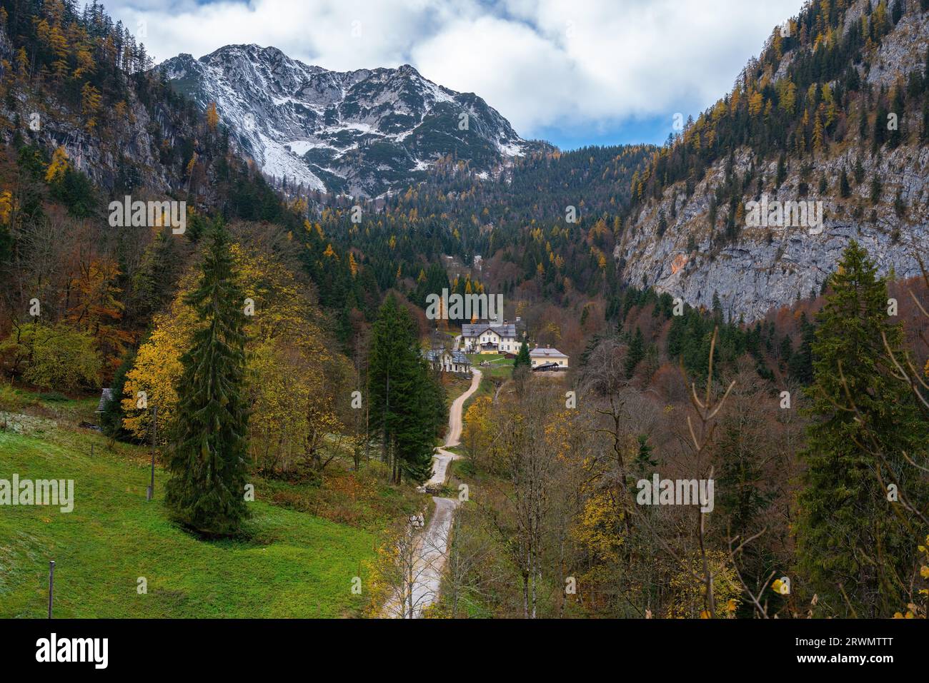 High Valley with Hallstatt Salt Mines and Plassen Mountain view on Alps - Hallstatt, Austria Stock Photo