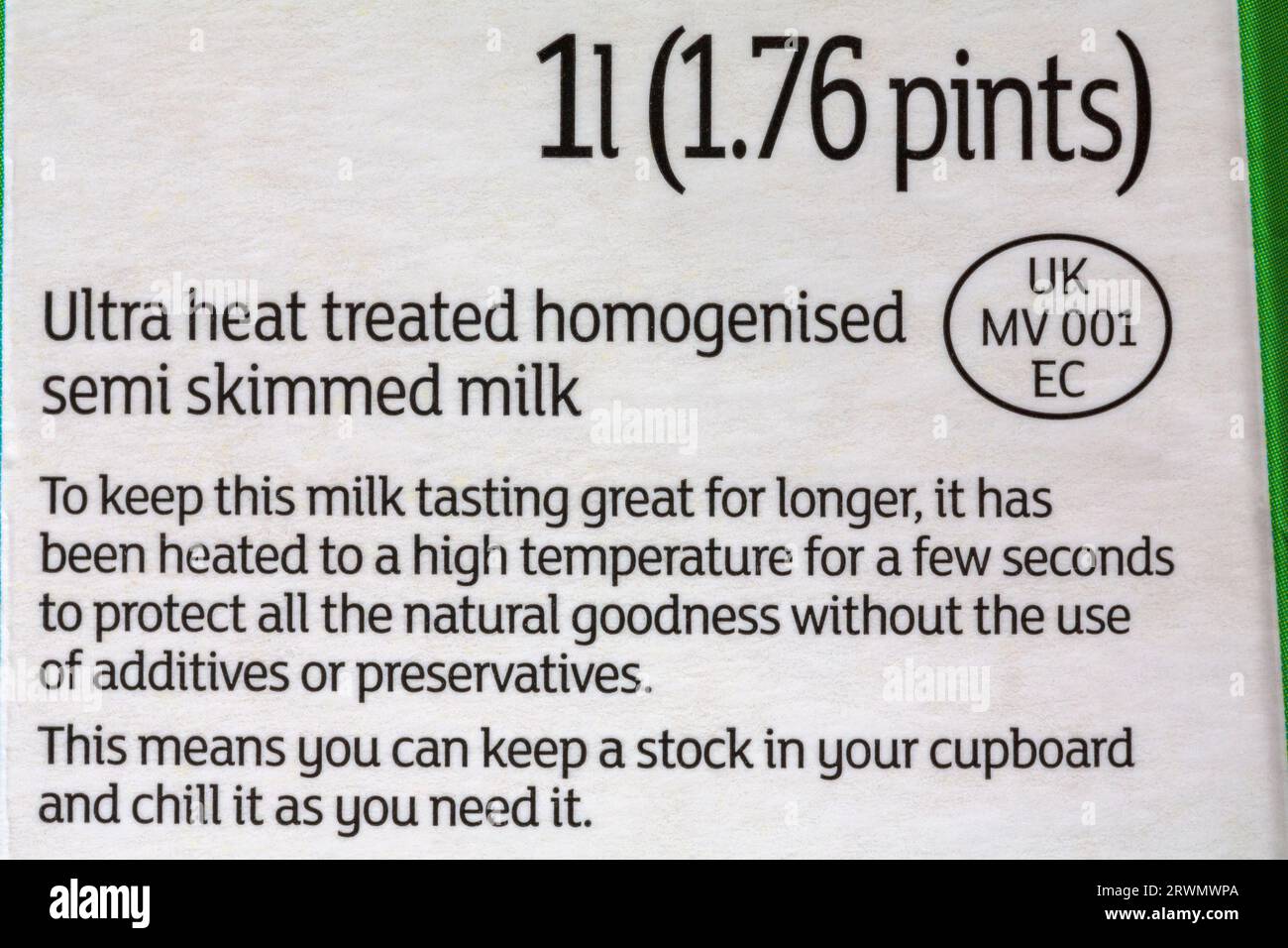 Ultra heat treated homogenised semi slimmed milk information on carton