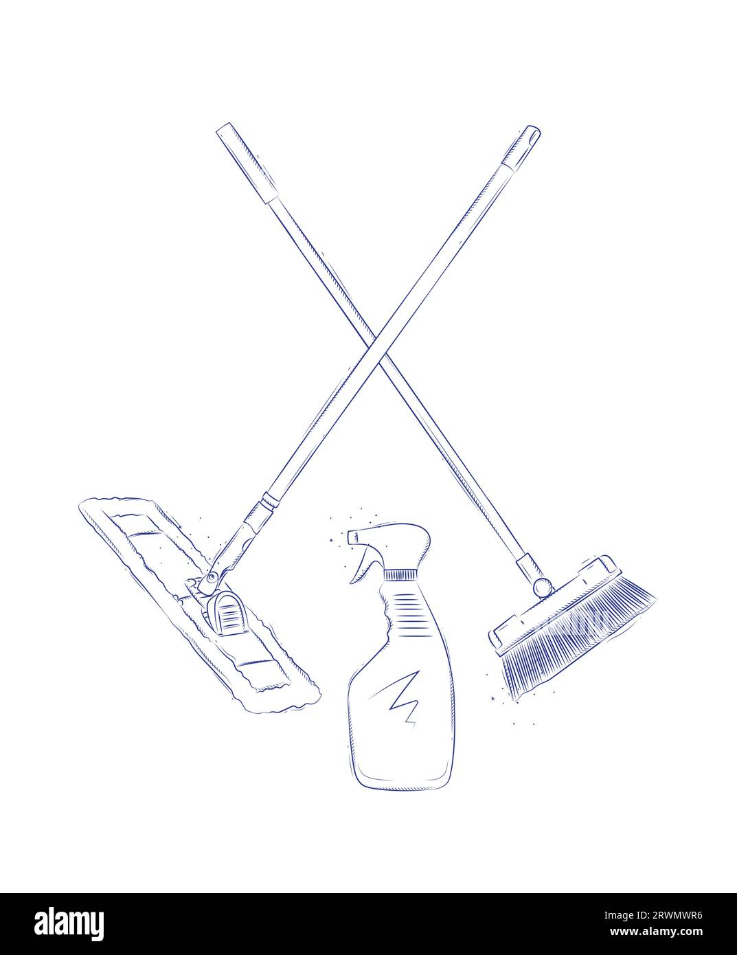 Flat mop, broom and glass cleaner drawing in graphic style on light background Stock Vector