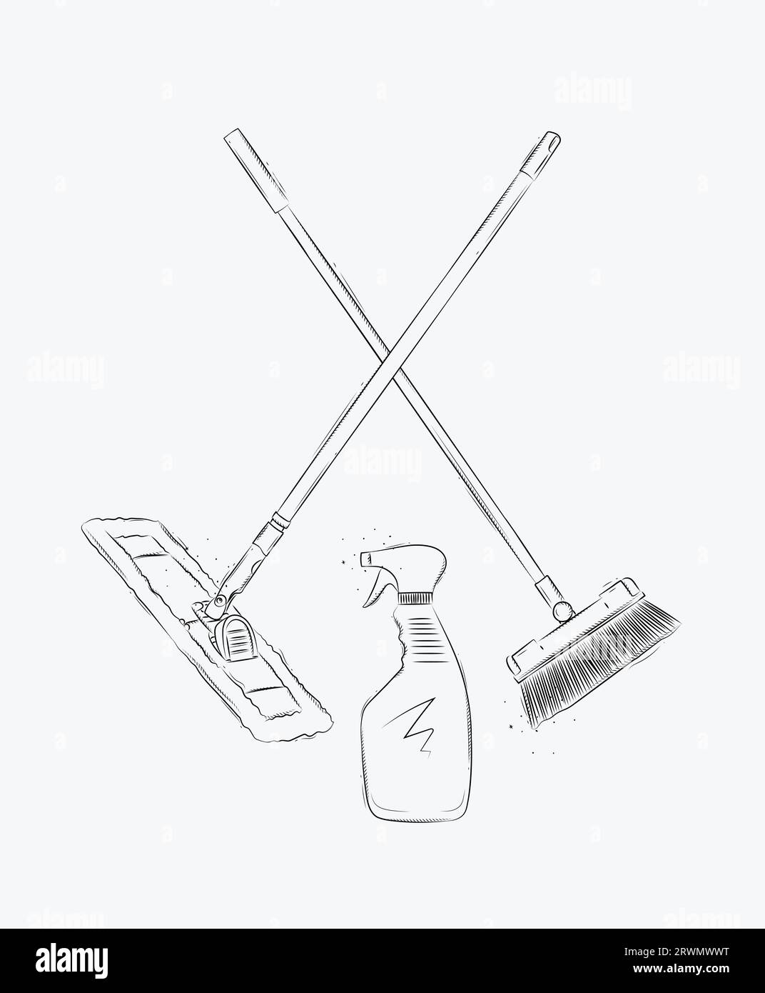 Flat mop, broom and glass cleaner drawing in graphic style on white