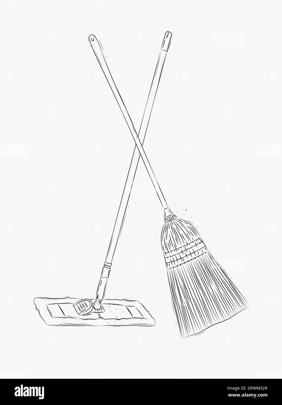 Broom and flat mop drawing in graphic style on white background Stock