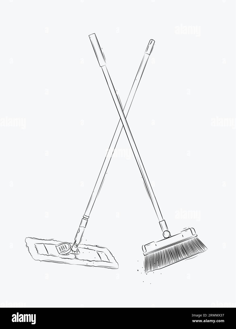 Flat mop and broom drawing in graphic style on white background Stock