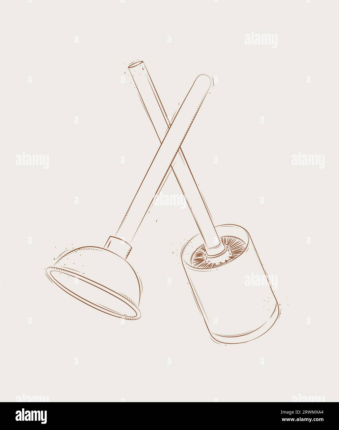 Cleaning tools toilet brush and plunger drawing in graphic style on