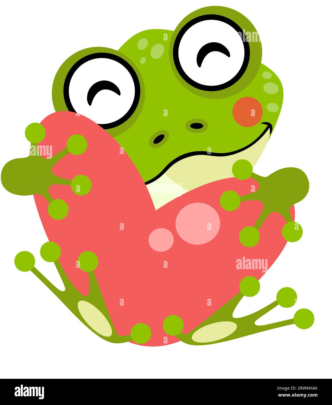 Cute frog sitting holding a big heart Stock Photo