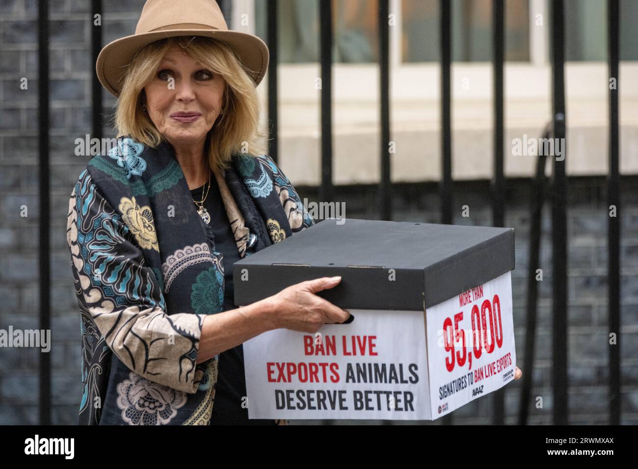 London, UK. 20th Sep, 2023. Dame Joanna Lumley hands in a ban live exports petition to 10 Downing Street London UK Credit: Ian Davidson/Alamy Live News Stock Photo