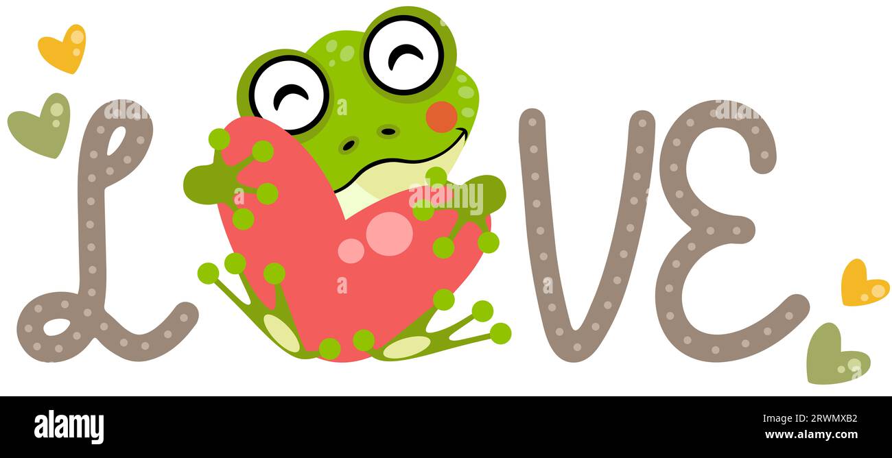 Love word with cute frog holding a heart Stock Photo