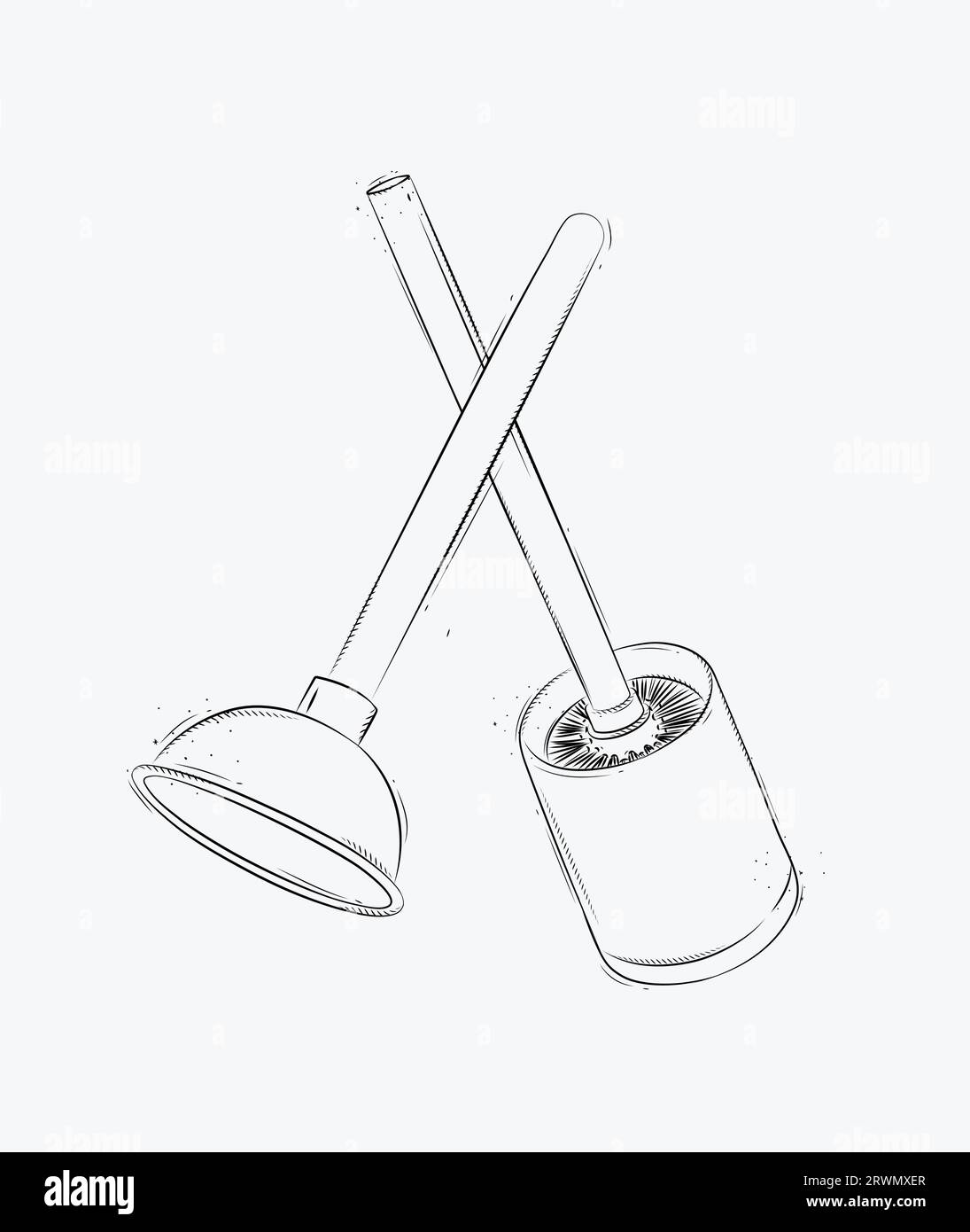Cleaning tools toilet brush and plunger drawing in graphic style on white background Stock Vector