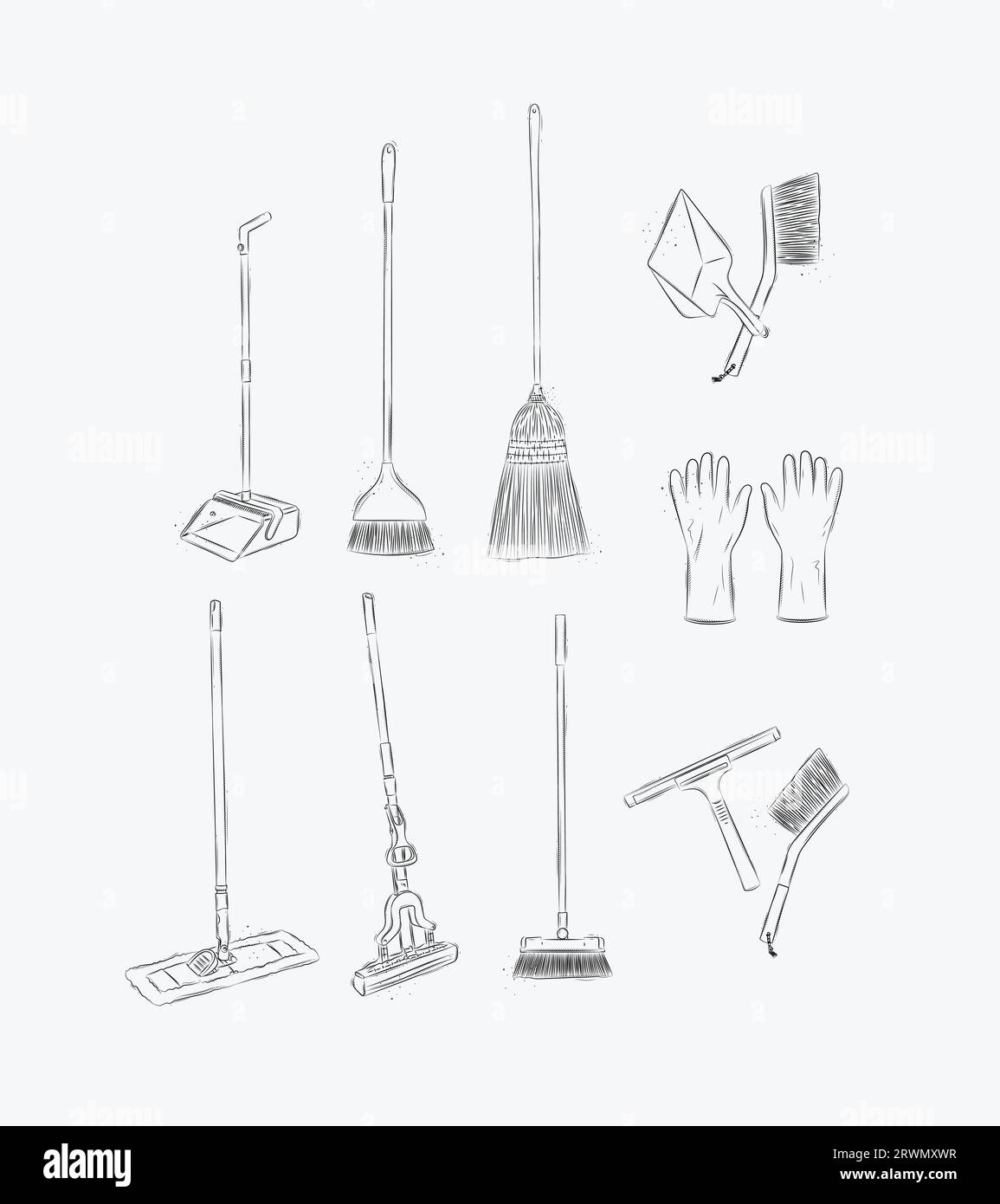 Floor cleaning tools accessories broom, dustpan, mop, gloves, scraper, brush drawing in graphic style on white background Stock Vector