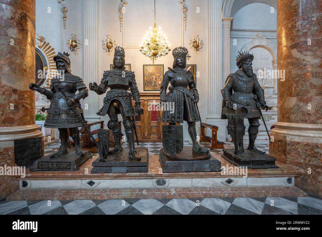 Statues of Duke Albert II, Kings Rudolph I, Philip I and Clovis I at Hofkirche (Court Church) - Innsbruck, Austria Stock Photo