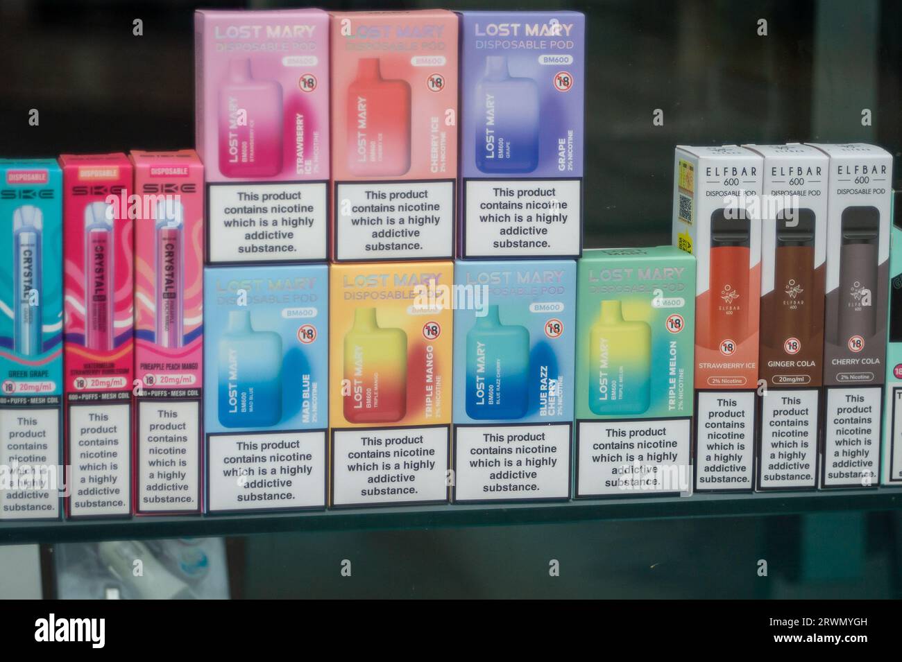 Windsor, Berkshire, UK. 20th September, 2023. Vaping products for sale in shop in Windsor, Berkshire. Single use vapes are set to be banned by the Government next year. Vaping is reported to be highly addictive and the colours of the vape refills make them attractive to teenagers. Discarded vape cartridges are also littering the countryside. Credit: Maureen McLean/Alamy Stock Photo