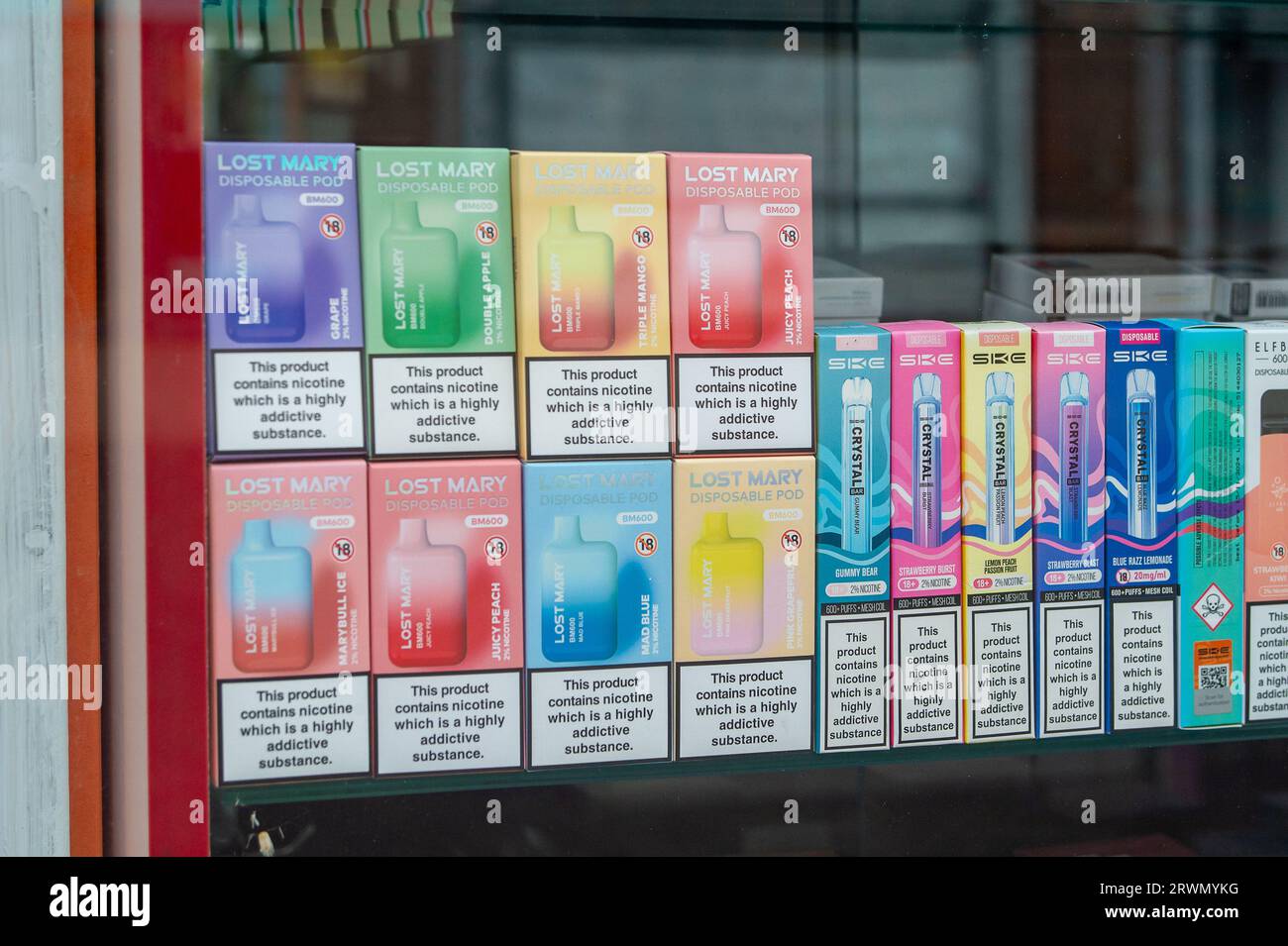 Windsor, Berkshire, UK. 20th September, 2023. Vaping products for sale in shop in Windsor, Berkshire. Single use vapes are set to be banned by the Government next year. Vaping is reported to be highly addictive and the colours of the vape refills make them attractive to teenagers. Discarded vape cartridges are also littering the countryside. Credit: Maureen McLean/Alamy Stock Photo